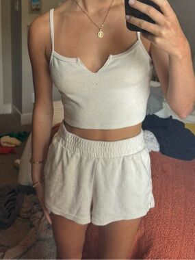 PacSun Cream Terry Crop Tank & Elastic Waist Shorts Set